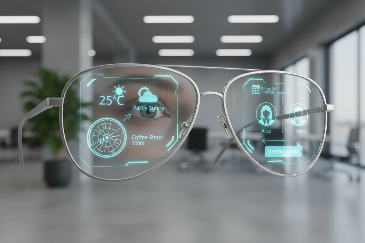 Silver smart glasses displaying holographic information including weather and calendar notifications float in front of a person's face in an office.
