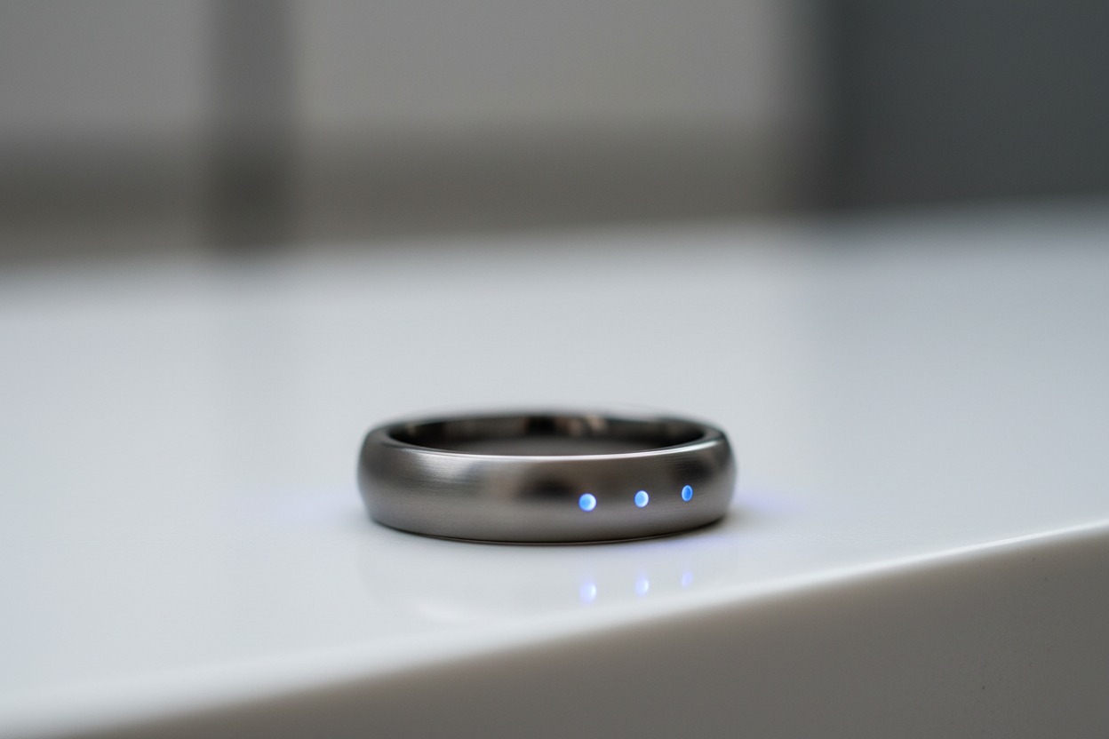A metallic smart ring with three glowing blue indicator lights rests on a white surface.